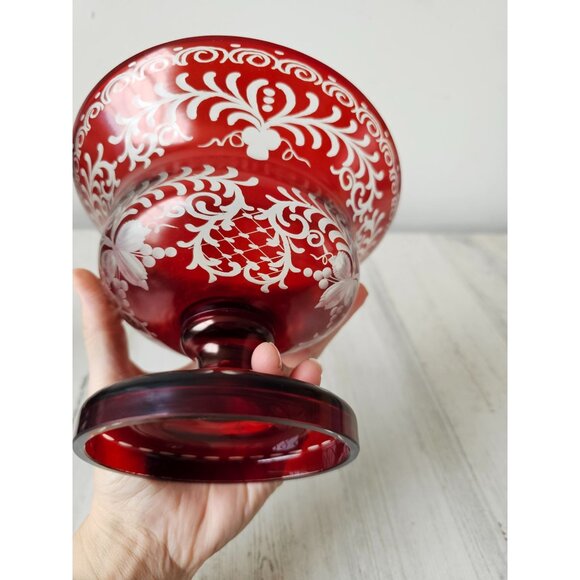 Egermann Ruby red Bohemian cut base pedestal vintage flower cranberry glass - Picture 5 of 8